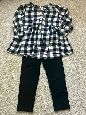 Set of Black and White Buffalo Plaid Shirt and black leggings 3T